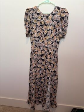AFRM Floral Puff-Sleeve Midi Dress in Black and yellow flores with Slit